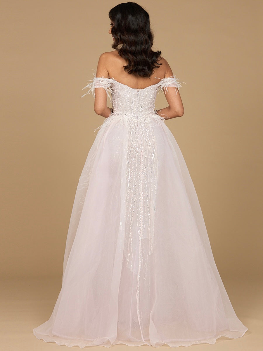 Off Shoulder Gown with Feathers