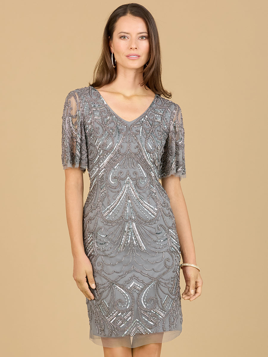 Beaded Cocktail Dress with Short Sleeves  - OUTLET