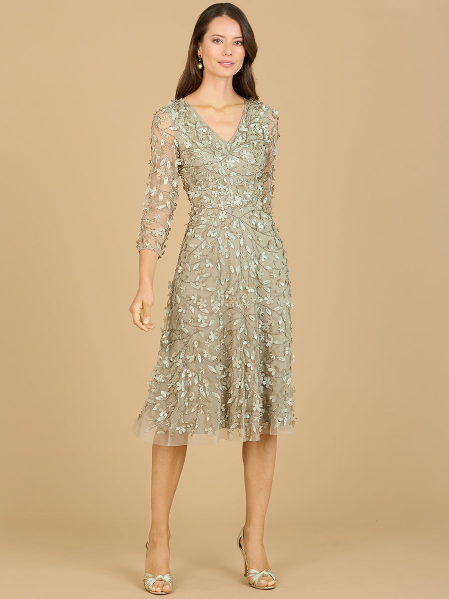 Flowing, 3D Embroidered Midi Dress with Sleeves