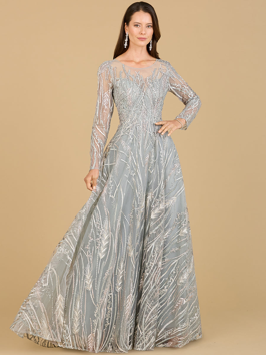 Long Sleeve Illusion Neck Gown