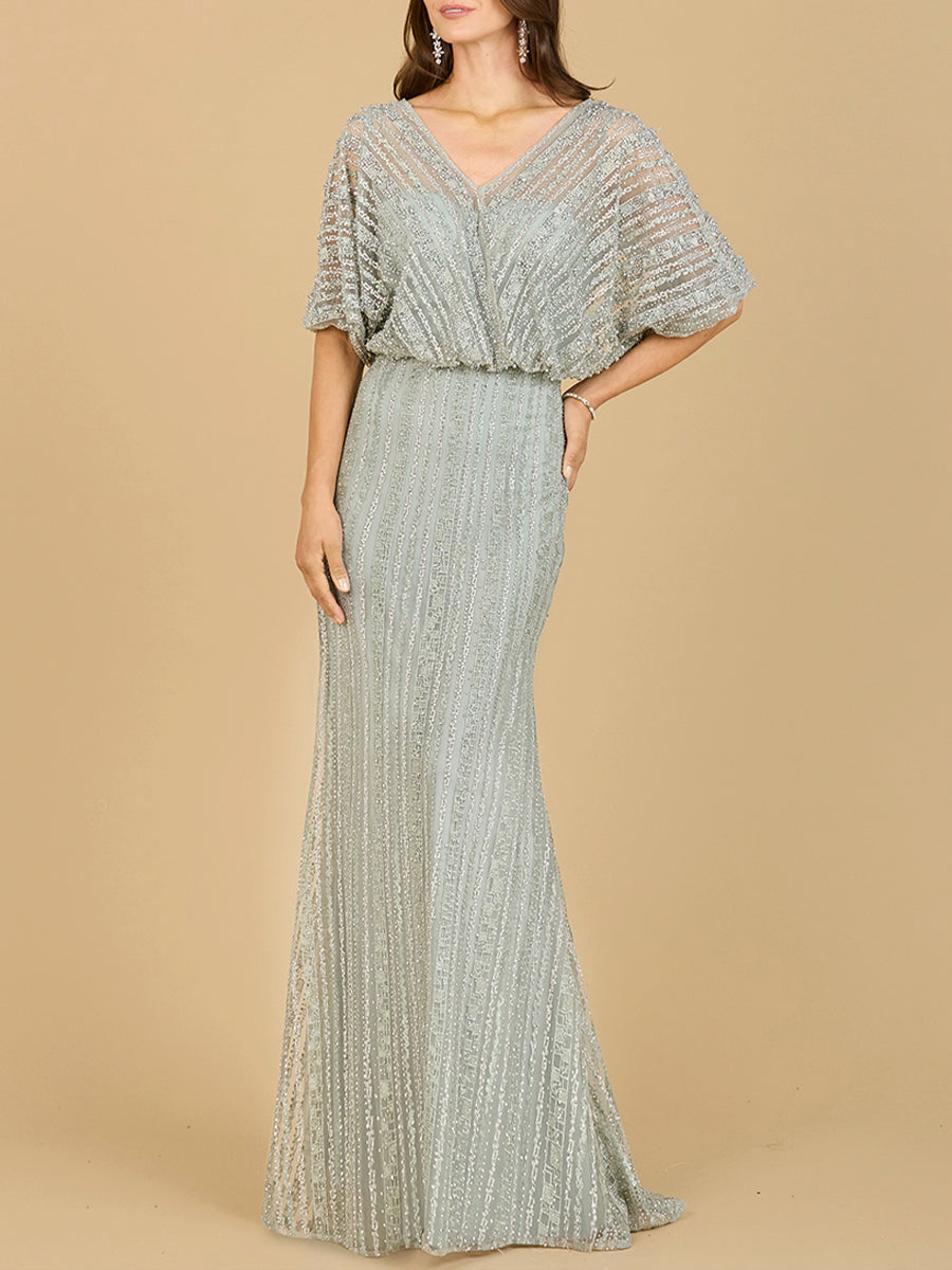 Cape Sleeve V-Neck Gown with Geometric Beading