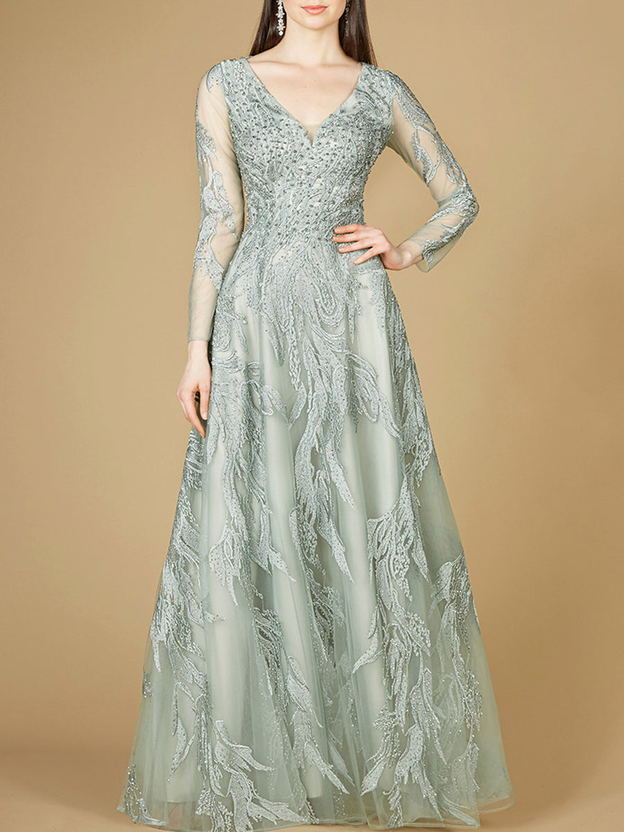 Long Sleeve Lace Ballgown with V-Neck