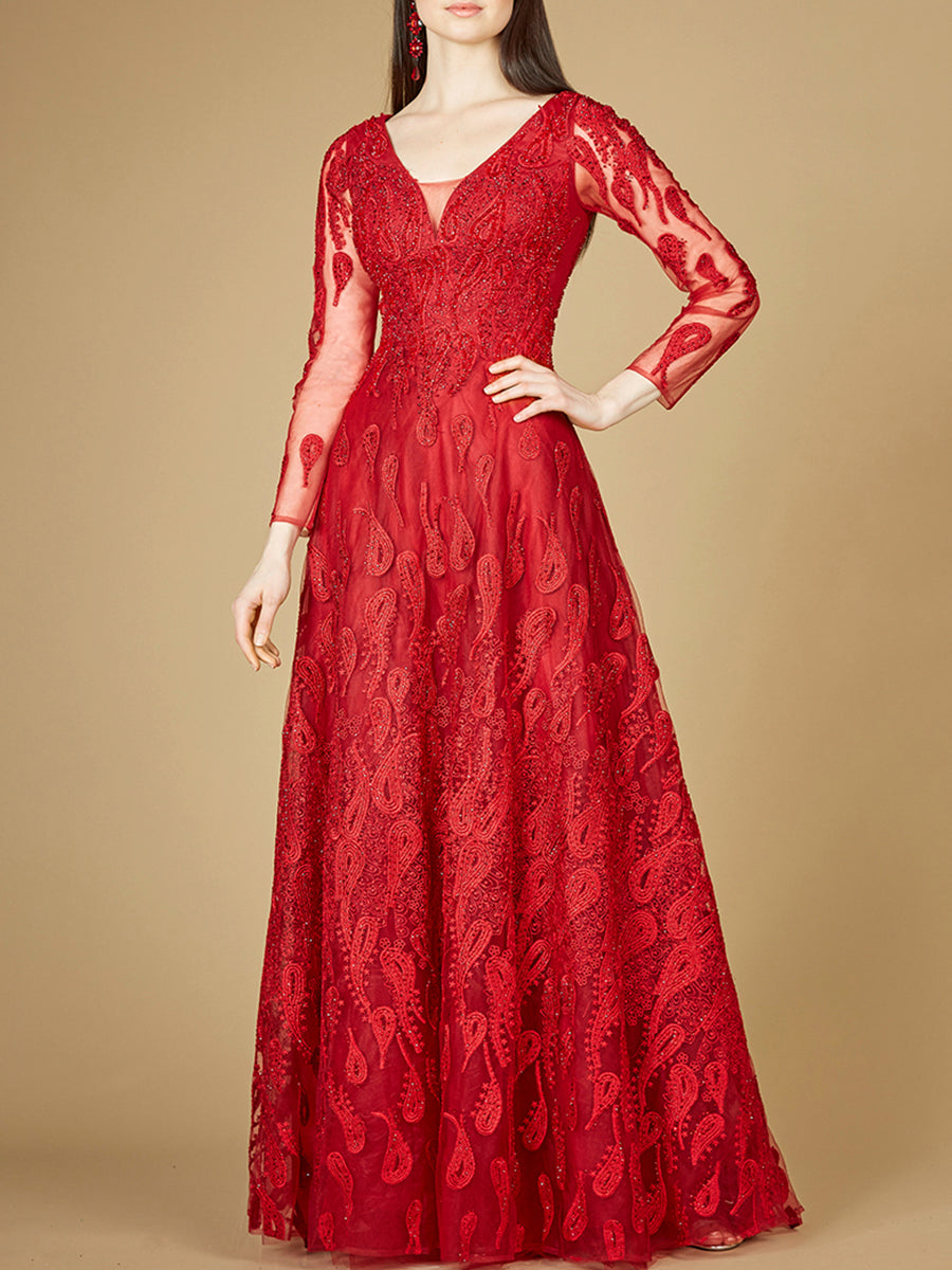 Long Sleeve V-Neck Ballgown  - OUTLET