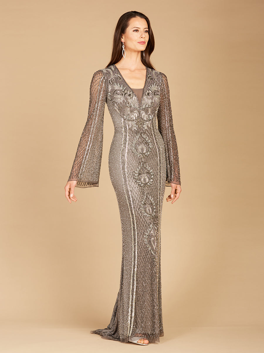 Long Bell Sleeve V-Neck Beaded Gown