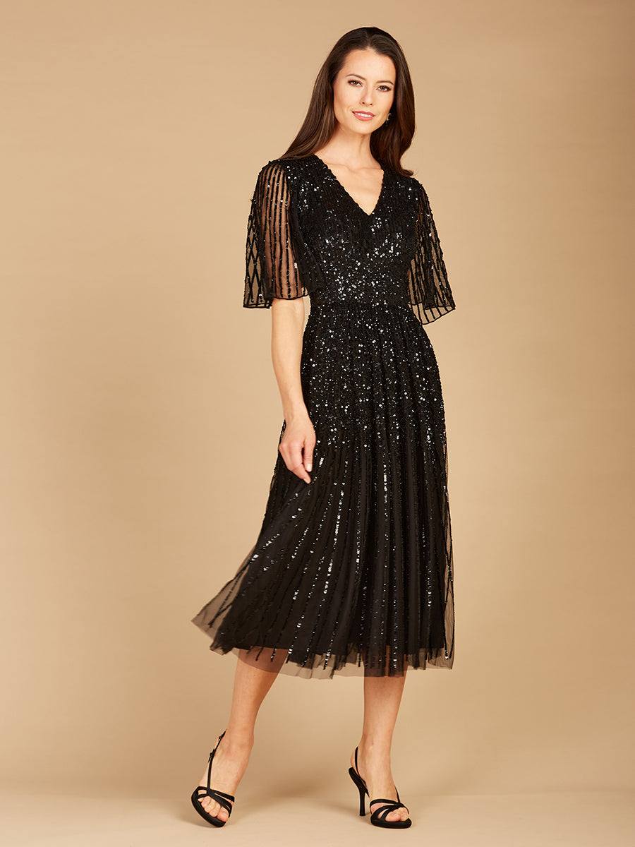 Flowing, Sequin Midi Dress with Short Sleeves