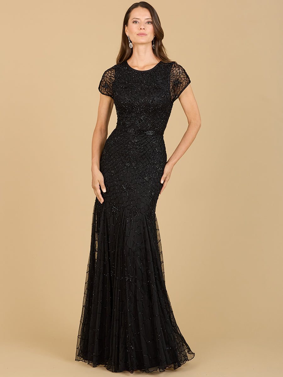 Beaded Mermaid Cap Sleeve Gown