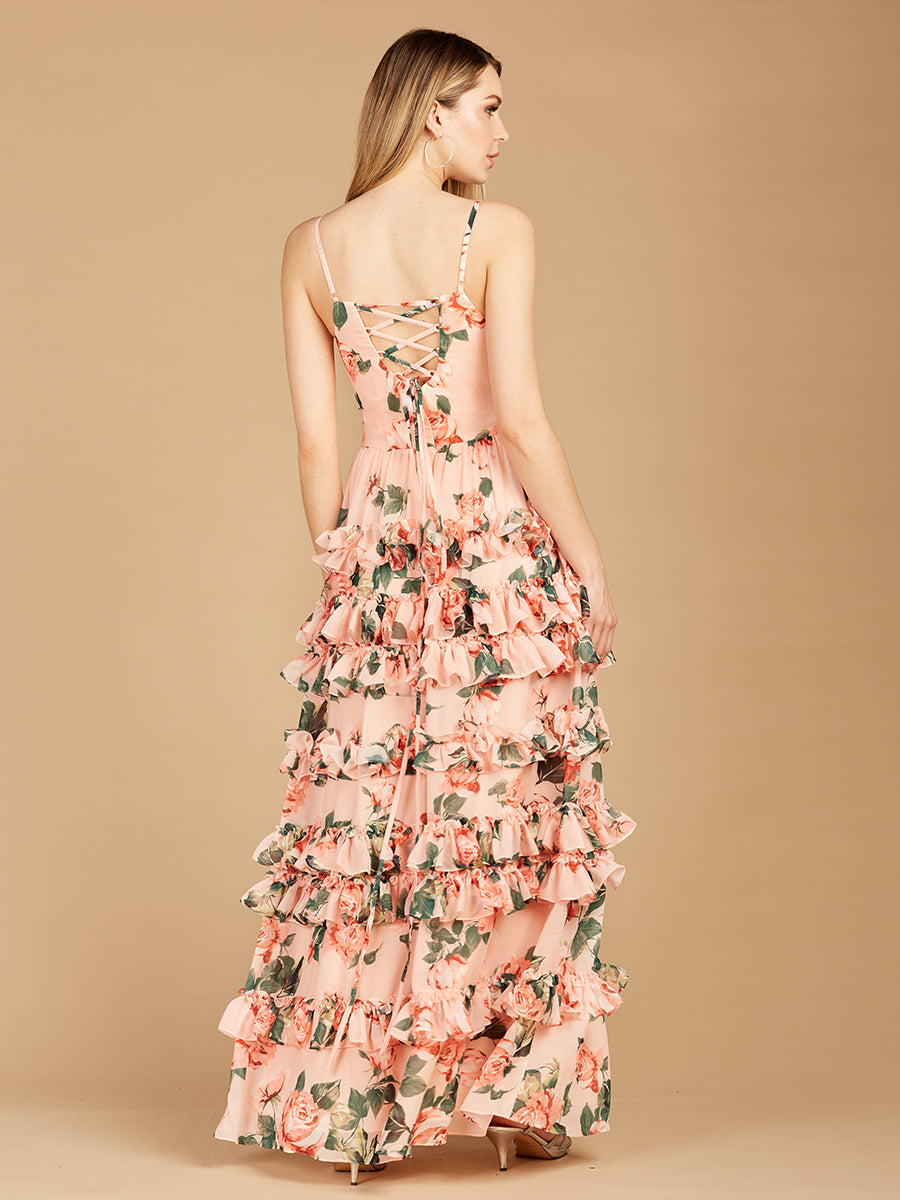 Ruffle Skirt Printed Gown with Spaghetti Straps - OUTLET