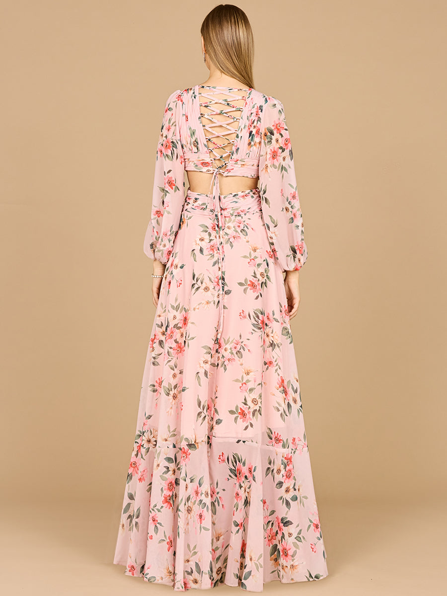 Long Sleeve V-Neck, Layered Skirt Print Dress- OUTLET