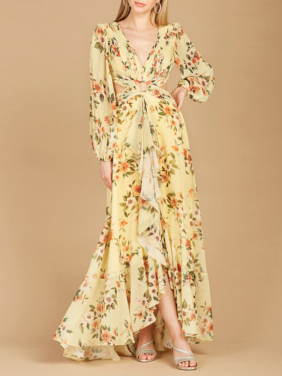 Long Sleeve V-Neck, Layered Skirt Print Dress- OUTLET