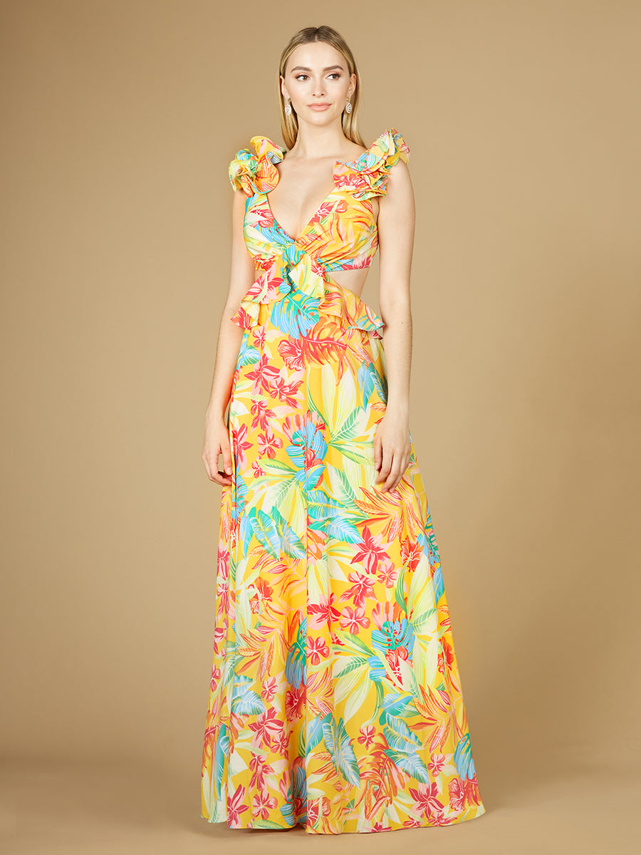 V-Neck Long Print Gown with Ruffled Straps - OUTLET