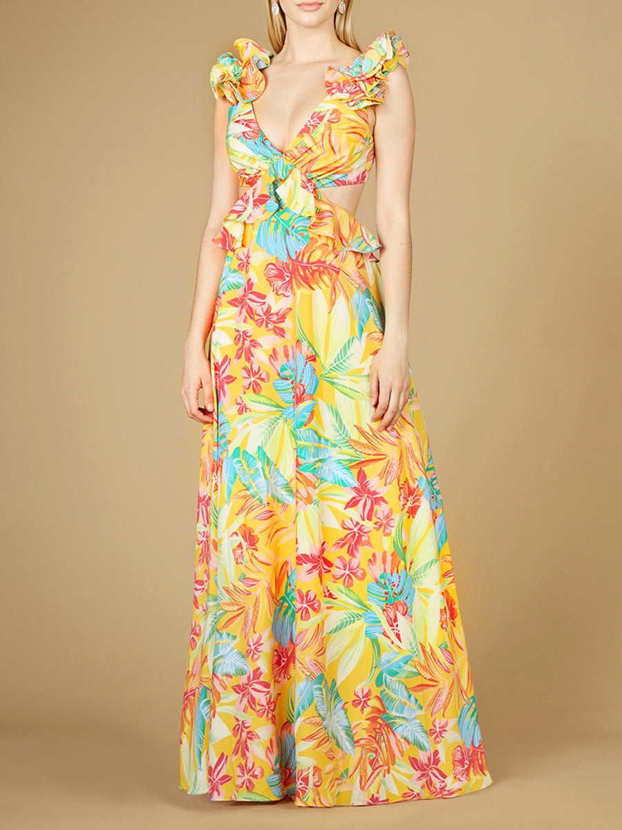 V-Neck Long Print Gown with Ruffled Straps - OUTLET