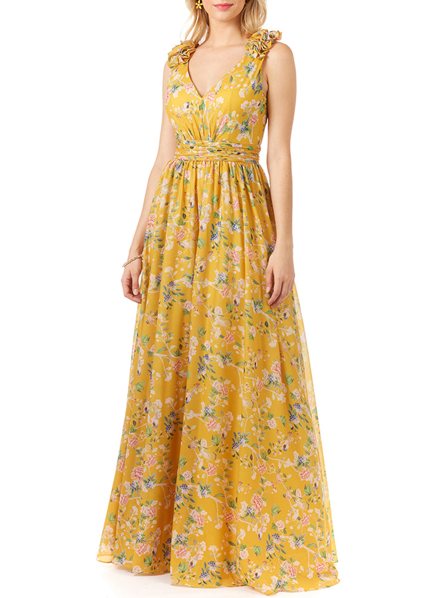 V-Neck Long Print Gown with Straps