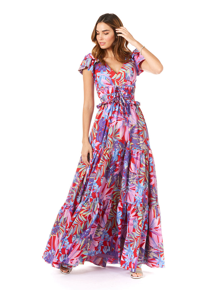 V-Neck Long Print Gown with Cap Sleeves - OUTLET