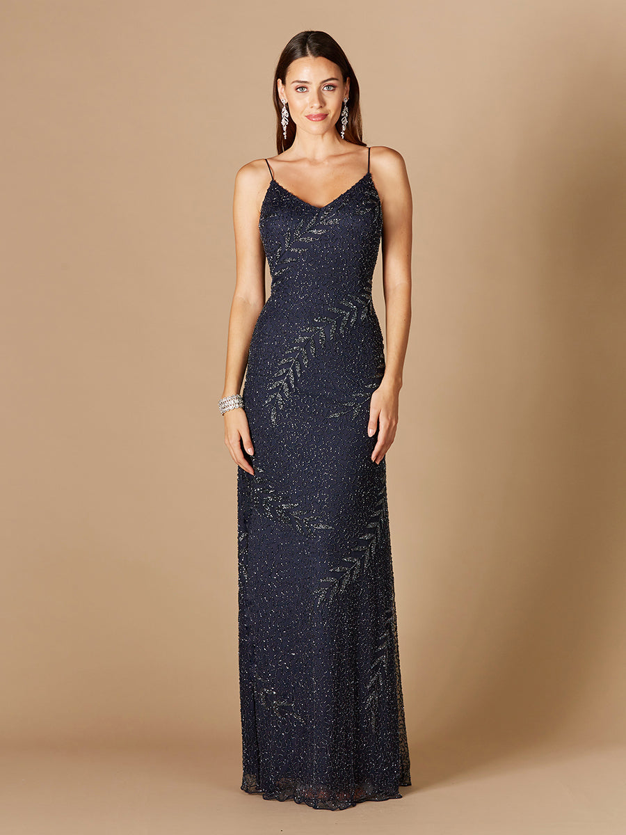 Beaded Spaghetti Strap Navy Full-Length Gown