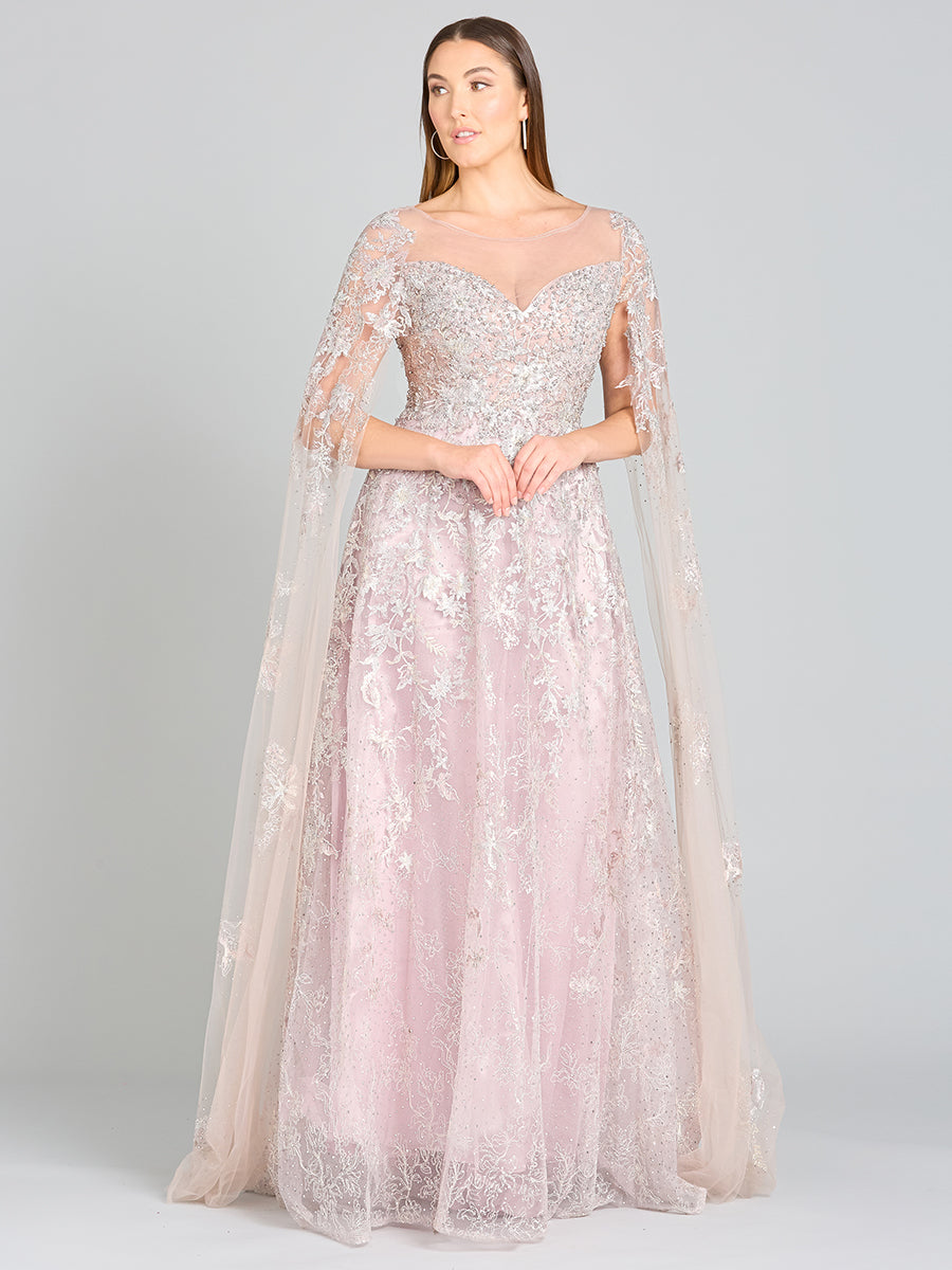 Lace Gown with Cape Sleeves, Sweetheart Neckline