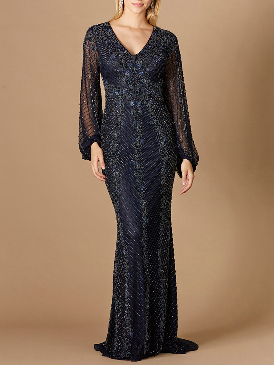 Long Sleeve Beaded Gown