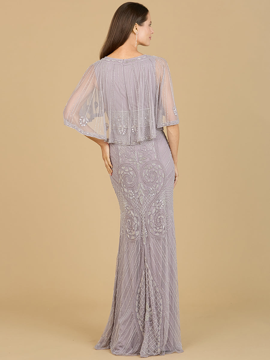 Cape Sleeve V-Neck Beaded Gown