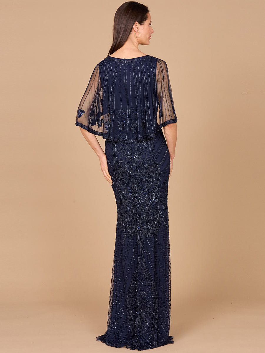 Cape Sleeve V-Neck Beaded Gown
