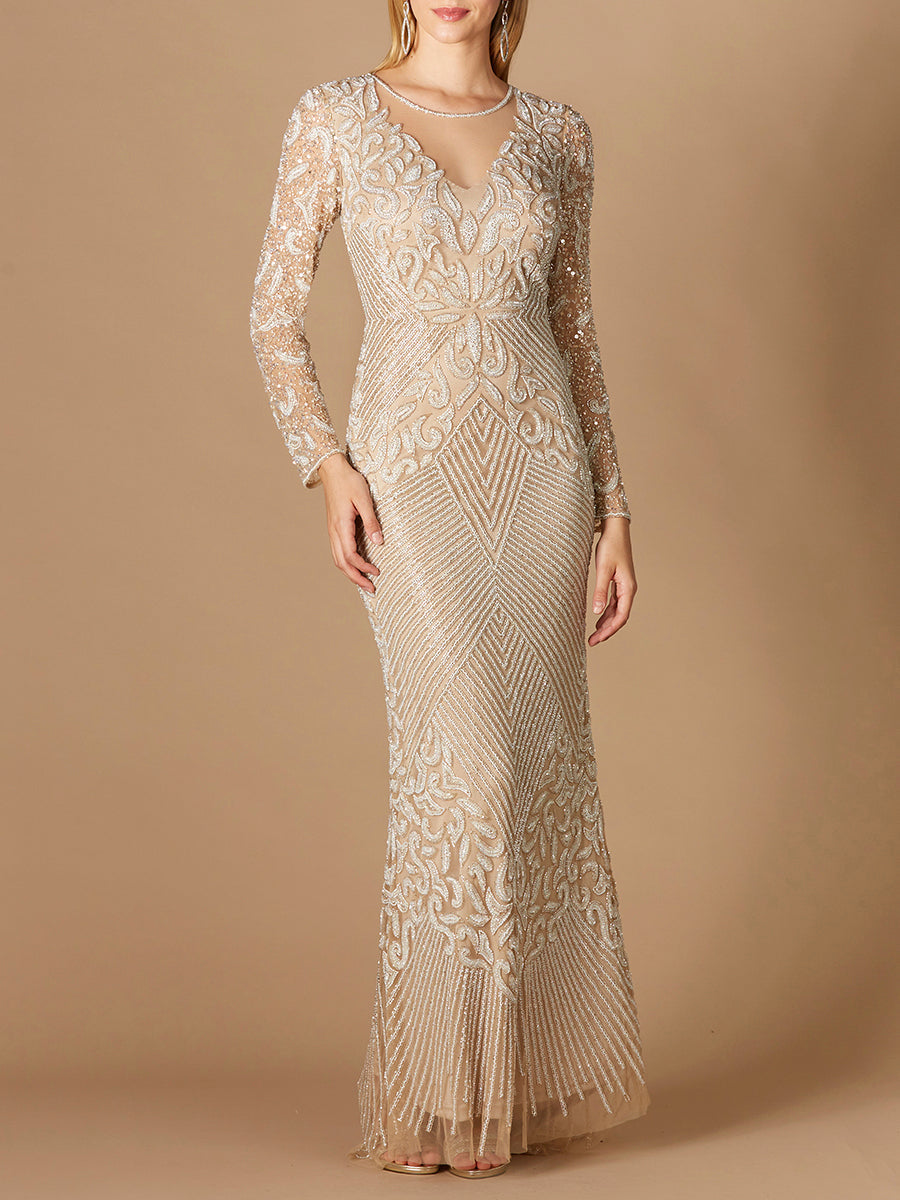 Fitted Long Sleeve Beaded Gown