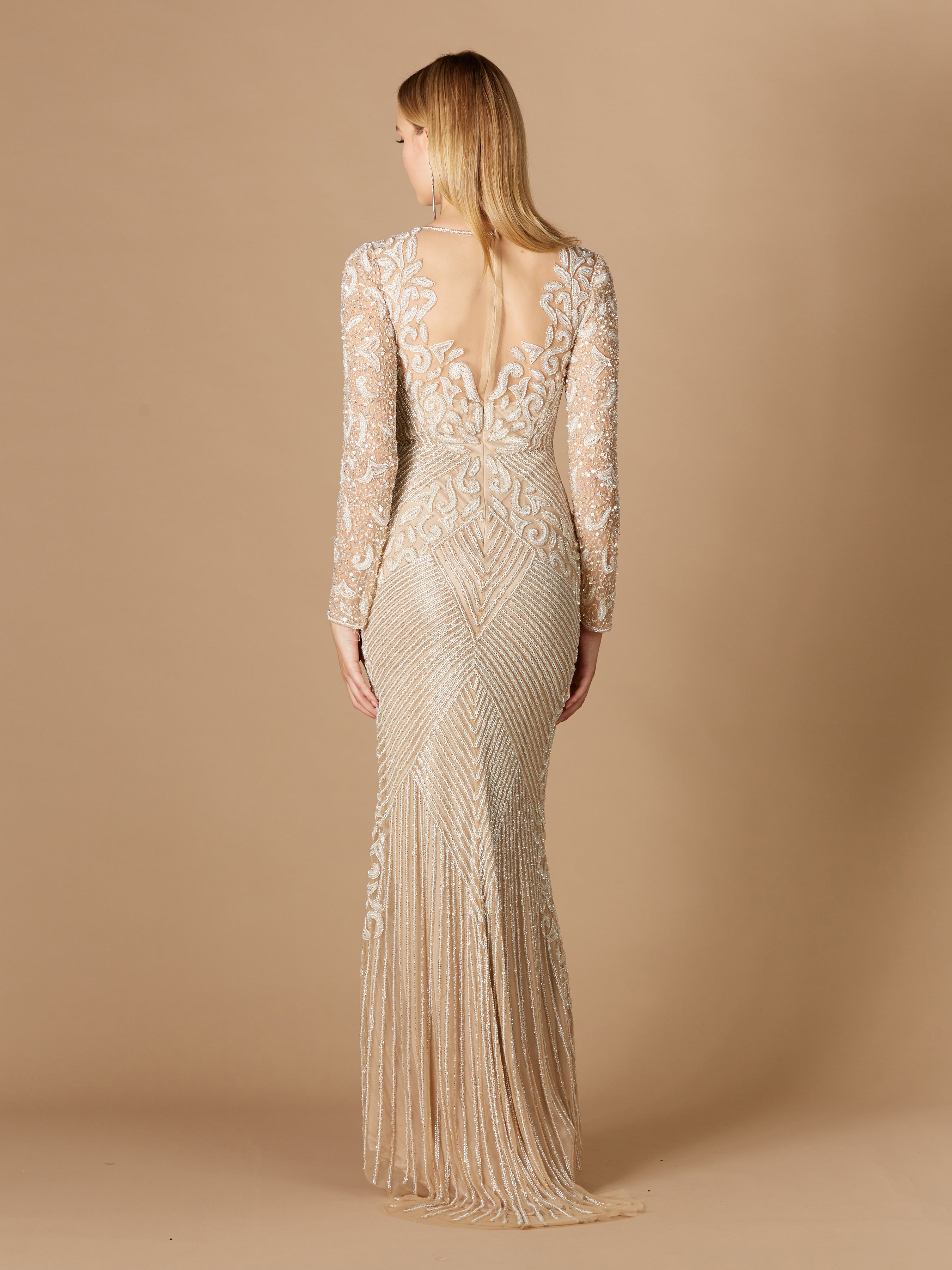 Fitted Long Sleeve Beaded Gown