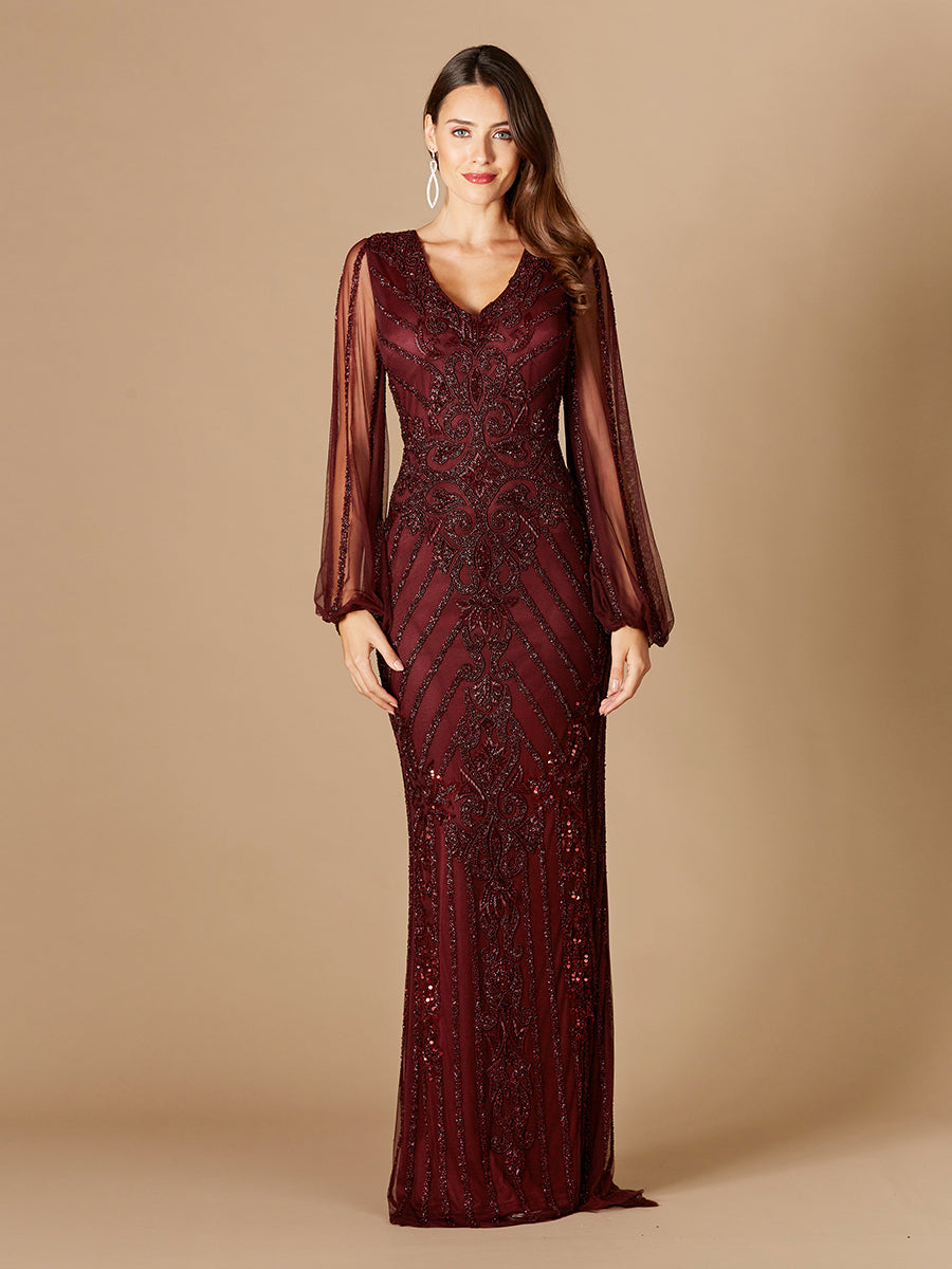 Long Flutter Sleeves Beaded Dress