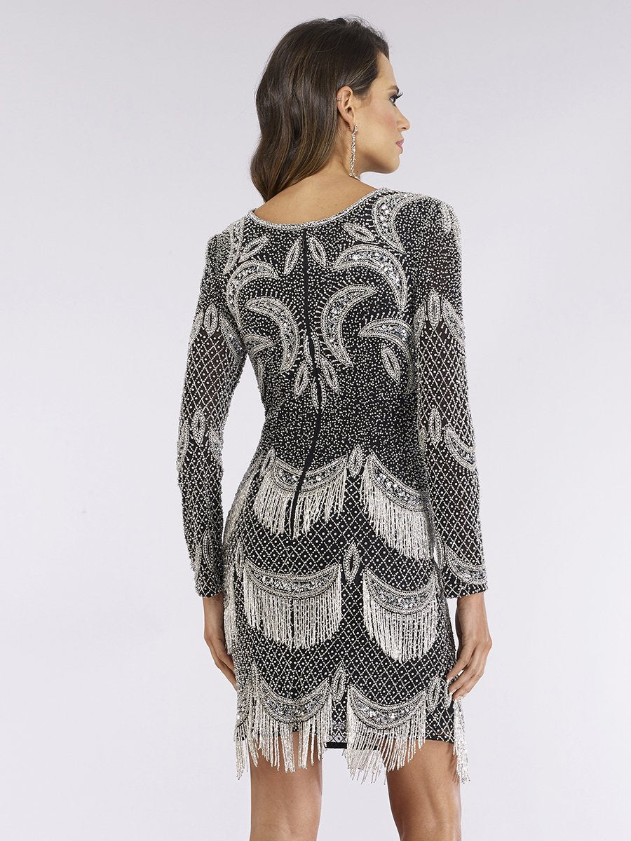 Lara 29377 - Long Sleeve Beaded V-Neck Fringe Cocktail Dress
