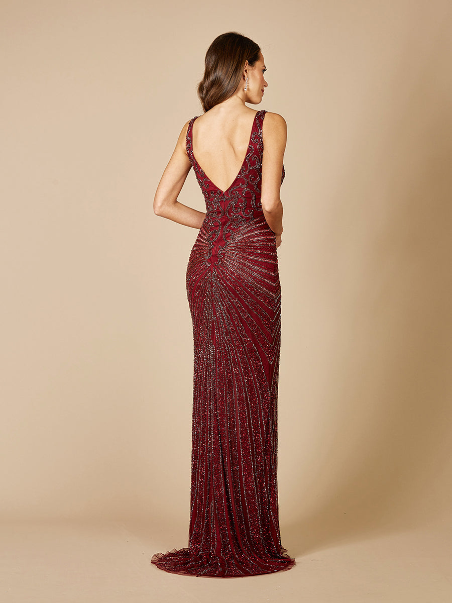 Lara 29528 - Thigh High Slit Beaded Gown