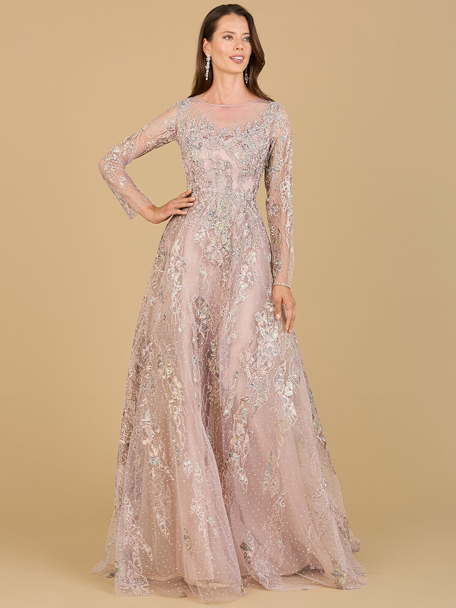 Lara 29618 - Beaded Long Sleeve A-line Dress