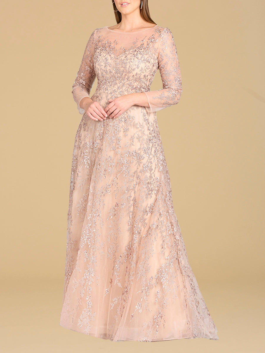 Lara 29677 - Illusion Neckline A-line Long Sleeves Gown