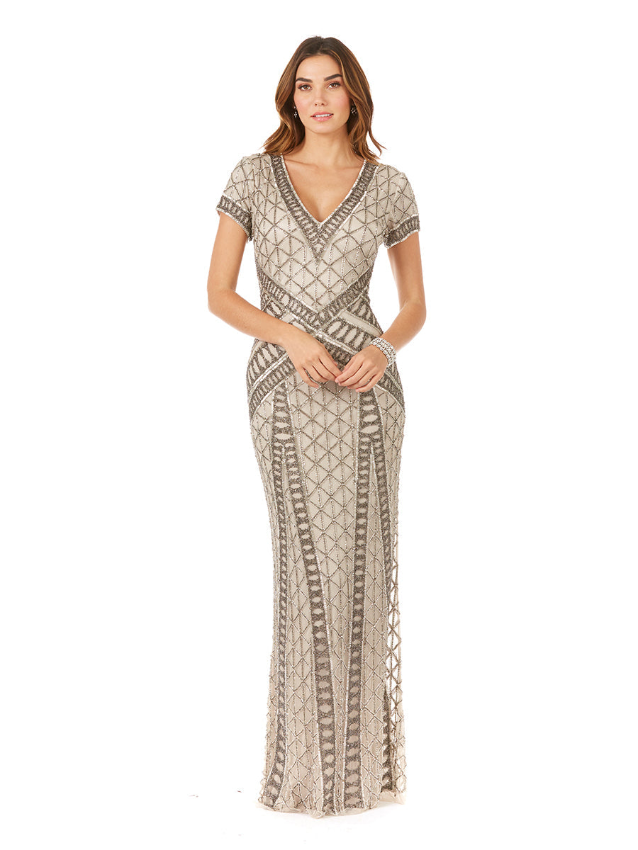 Lara 29746 - Beaded V-Neckline Dress with Cap Sleeves