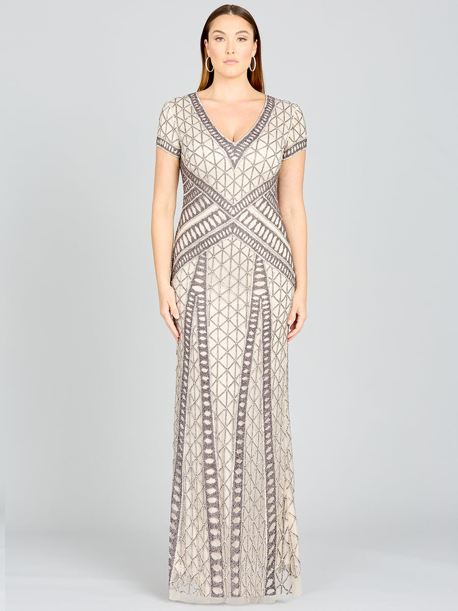 Lara 29746 - Beaded V-Neckline Dress with Cap Sleeves