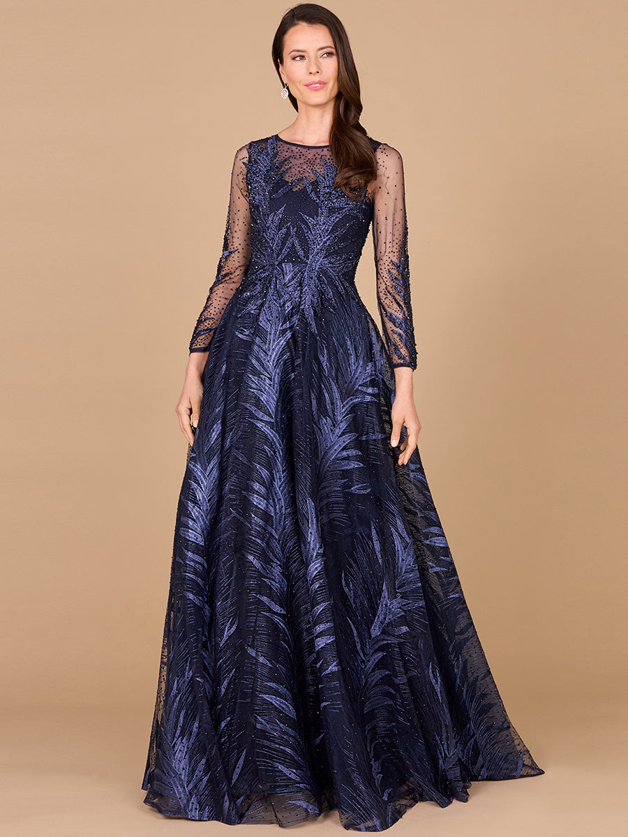 Lara 29761 - High Neck Sheer Long Sleeve Embellished Gown
