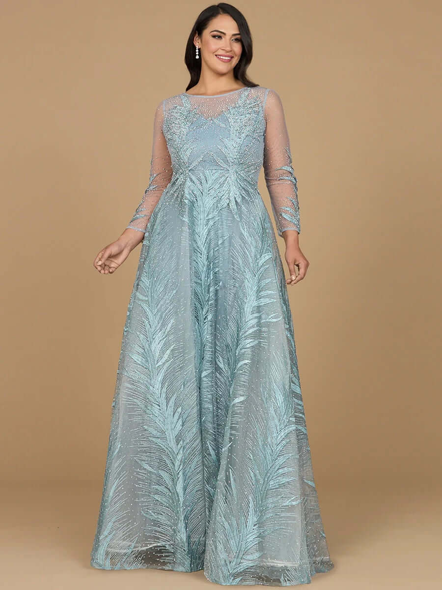 29761 - High Neck Sheer Long Sleeve Embellished Gown