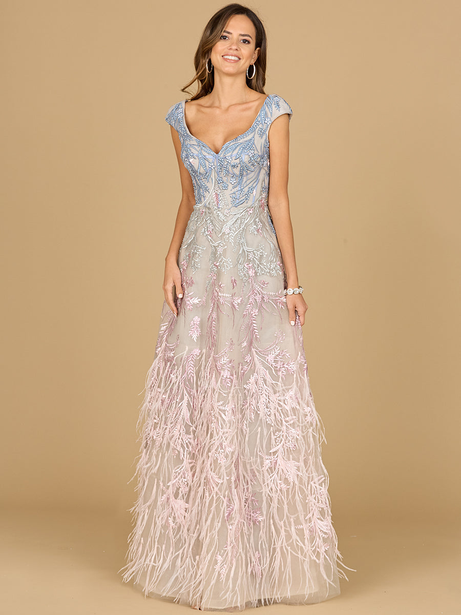 Lara 29783 - Cap Sleeves Feather Detail Ballgown