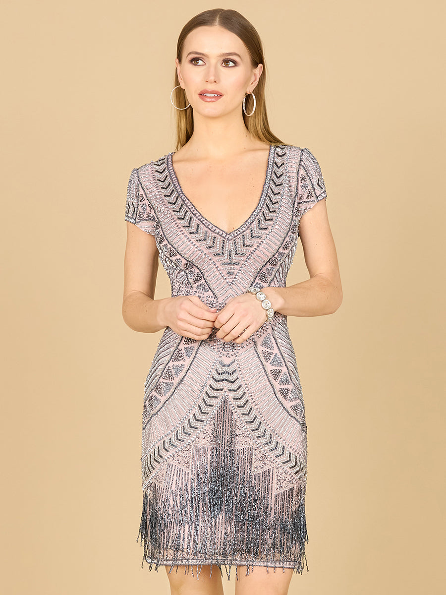 Lara Brooklyn Beaded Fitted Short Dress with Open Back