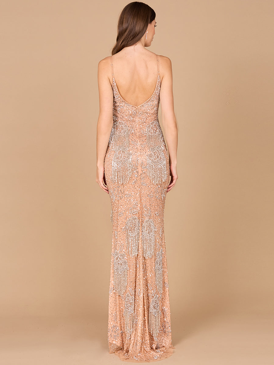 Lara Danika Floral Beaded Sheath Beaded Dress with Beaded Fringe