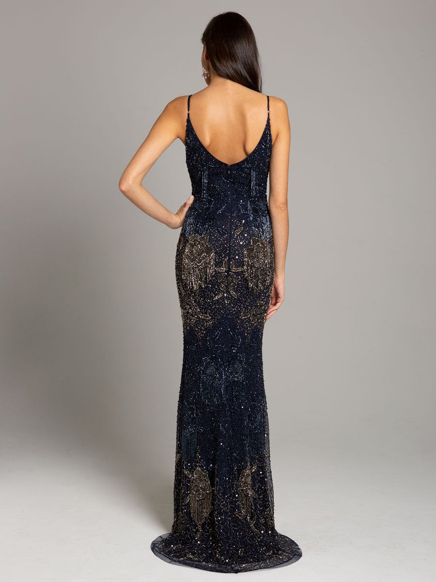 Lara Danika Floral Beaded Sheath Beaded Dress with Beaded Fringe