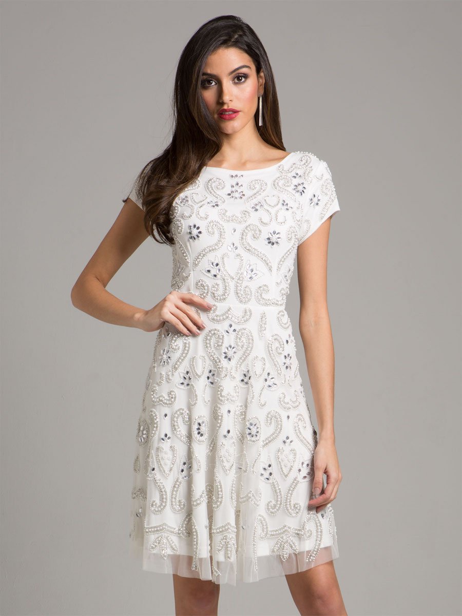 Lara Allison Short Sleeve Beaded Cocktail Dress in Ivory