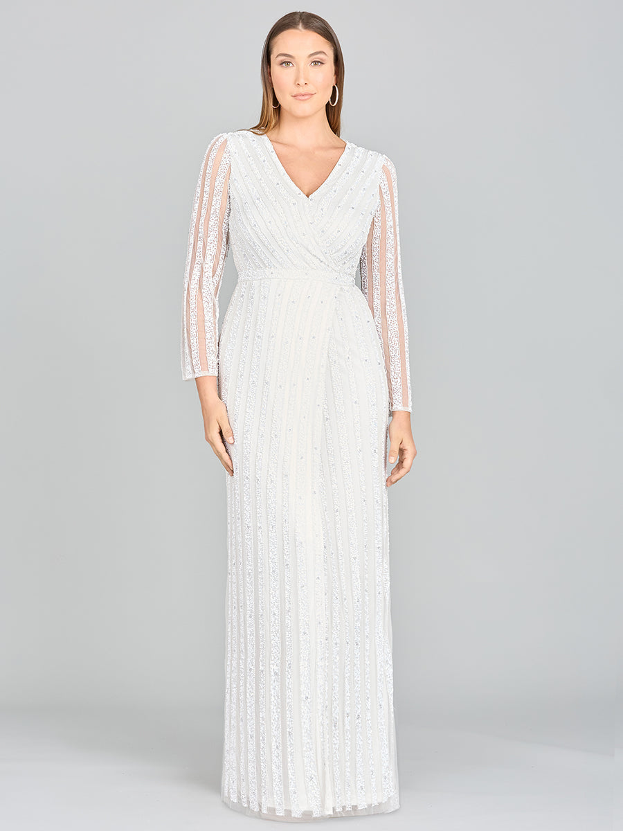 Lara Blair Long-Sleeve Beaded Surplice Sheath Gown