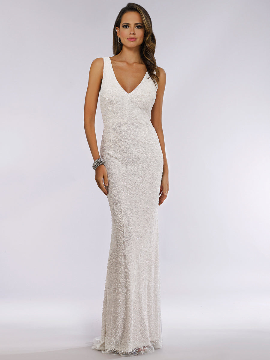 Lara Erika Beaded Draped Cowl Back V-Neck Wedding Dress