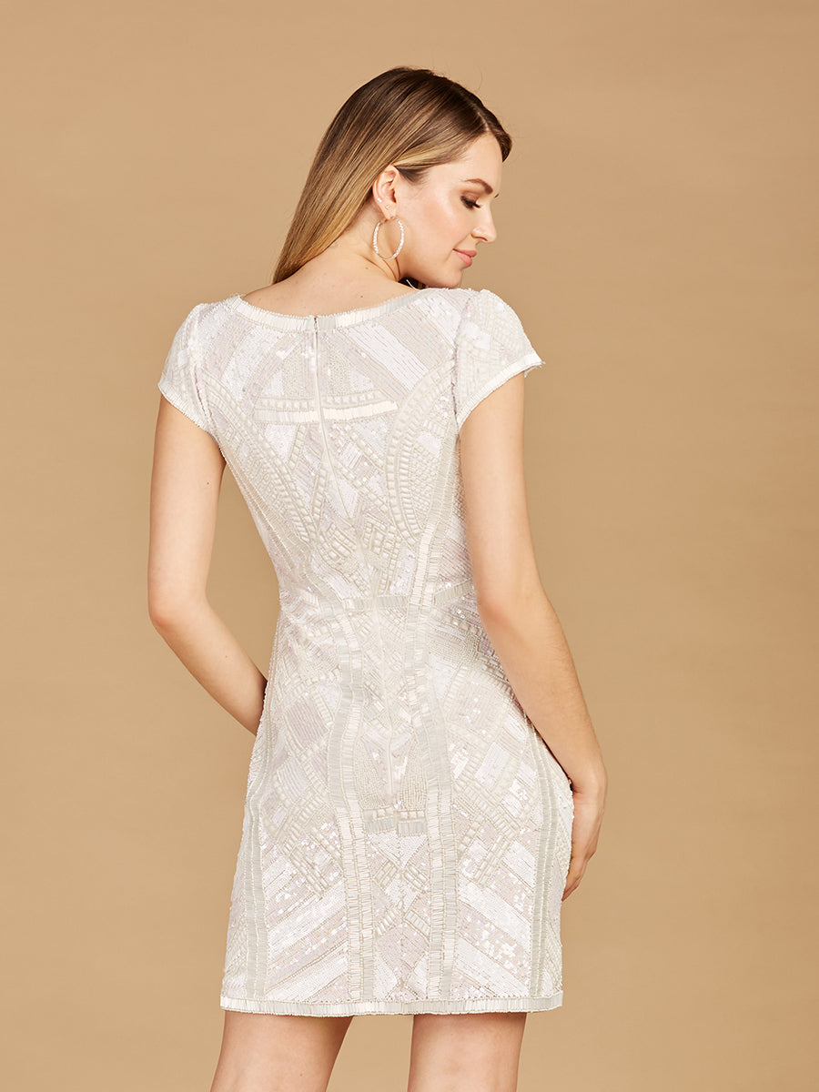 V-Neck Beaded Bridal Mini with Cap Sleeves