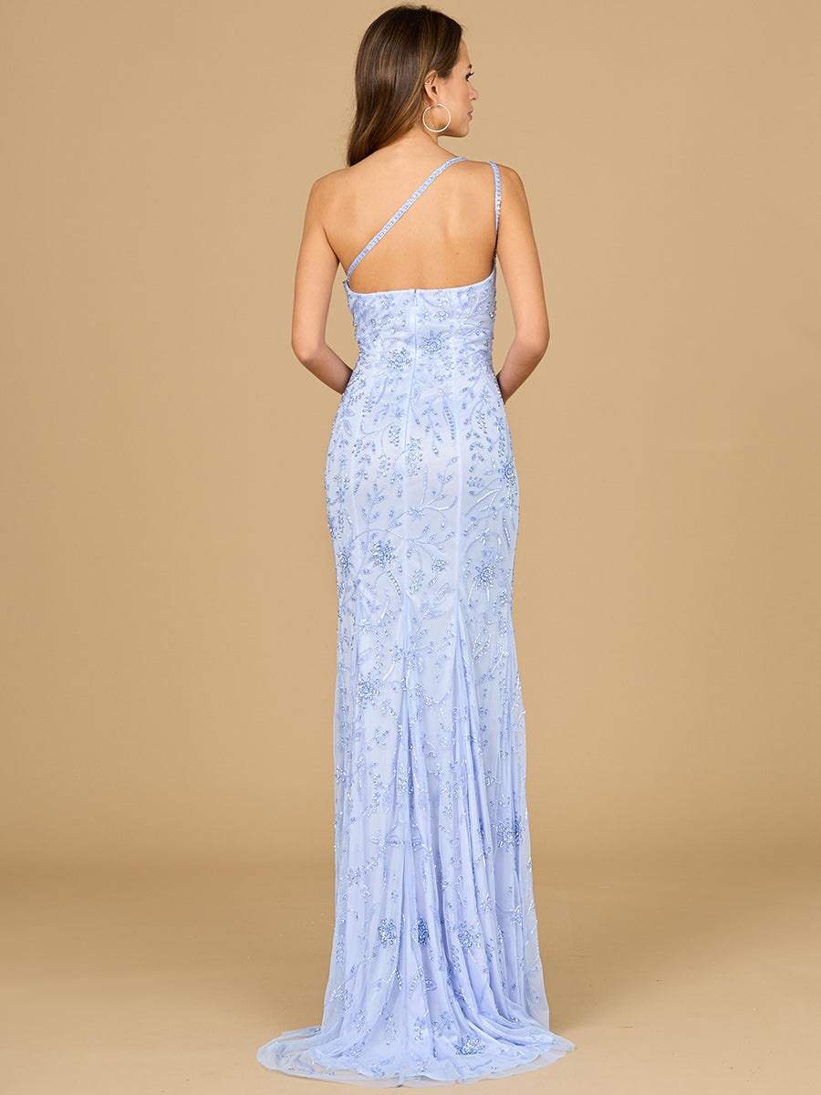 One Shoulder Beaded Gown with Slit