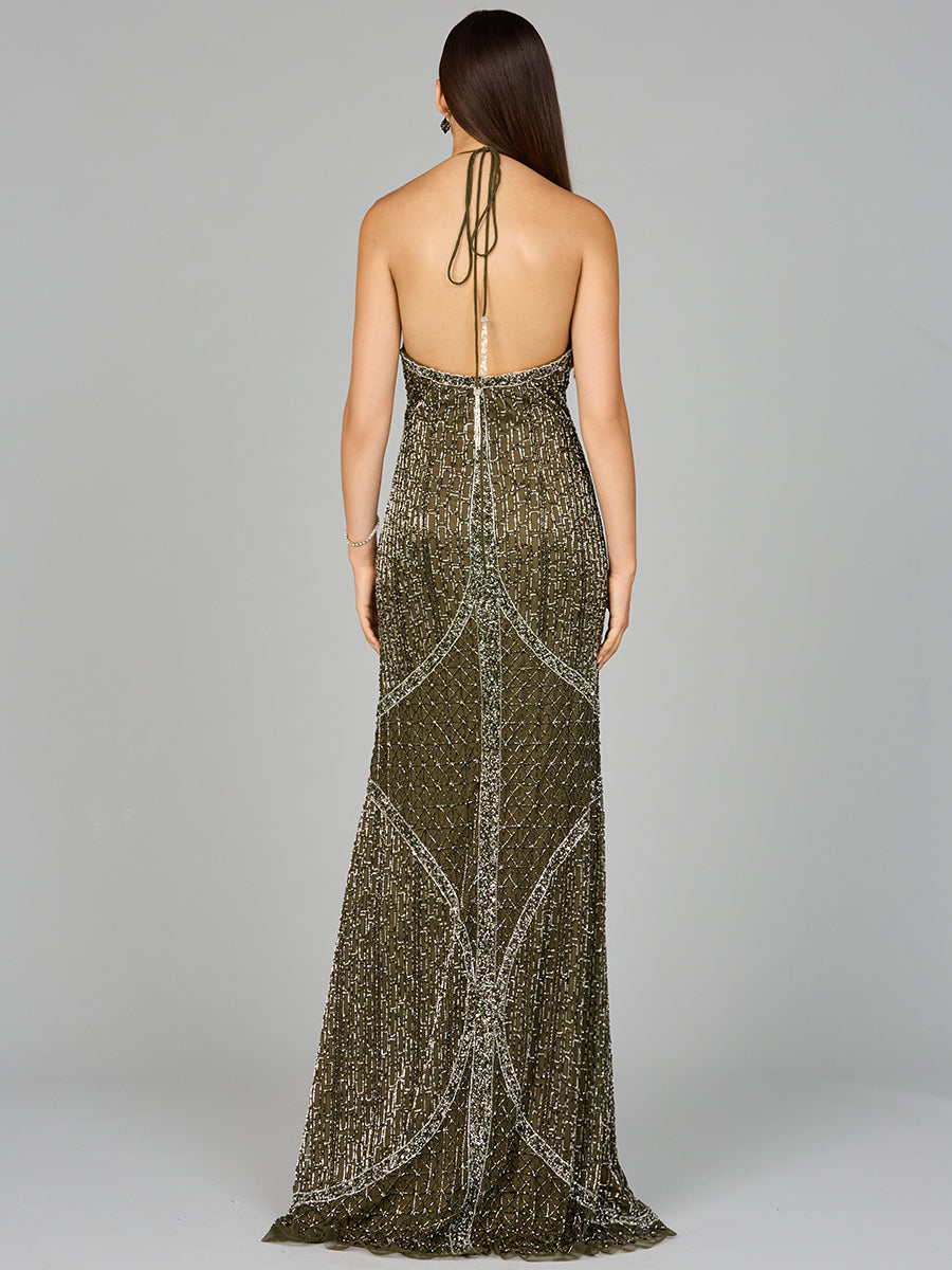 Symmetrical Halter Neck Beaded Gown - OUTLET