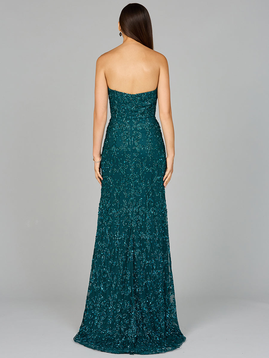 Beaded Strapless Dress with Slit