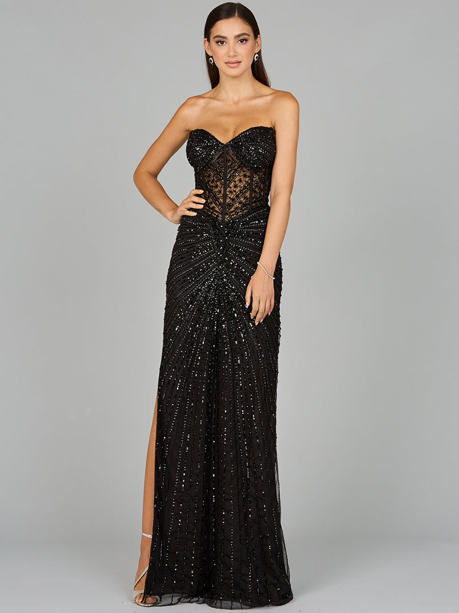 Embellished Strapless Gown with Slit