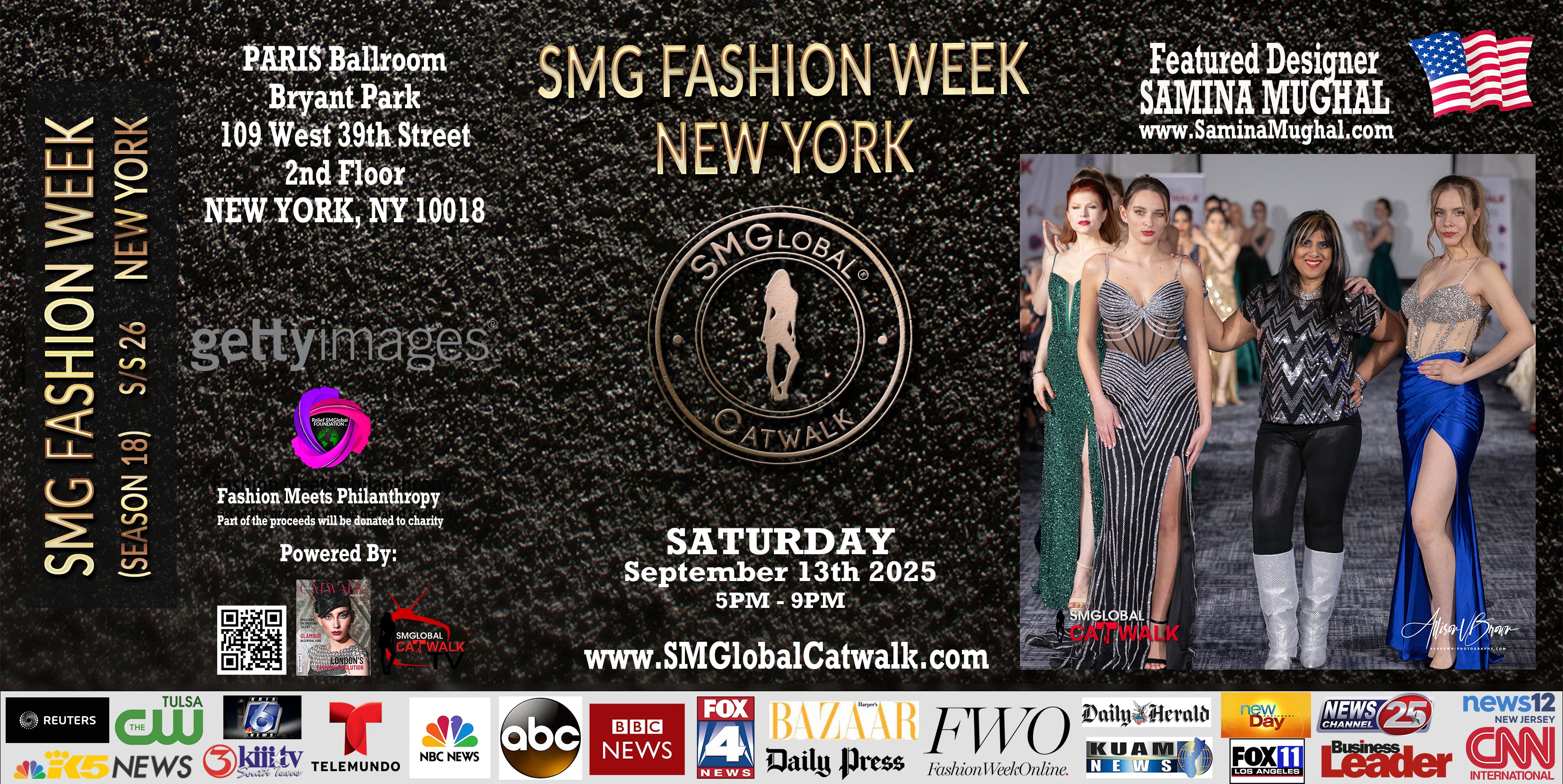 Promotional poster for SMG Fashion Week New York featuring models and event details wearing Designer SAMINA MUGHAL Couture Gowns