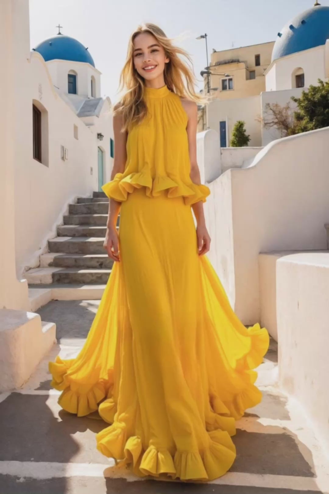 yellow halter ruffle dress High Halter Neck Chiffon Yellow / 2