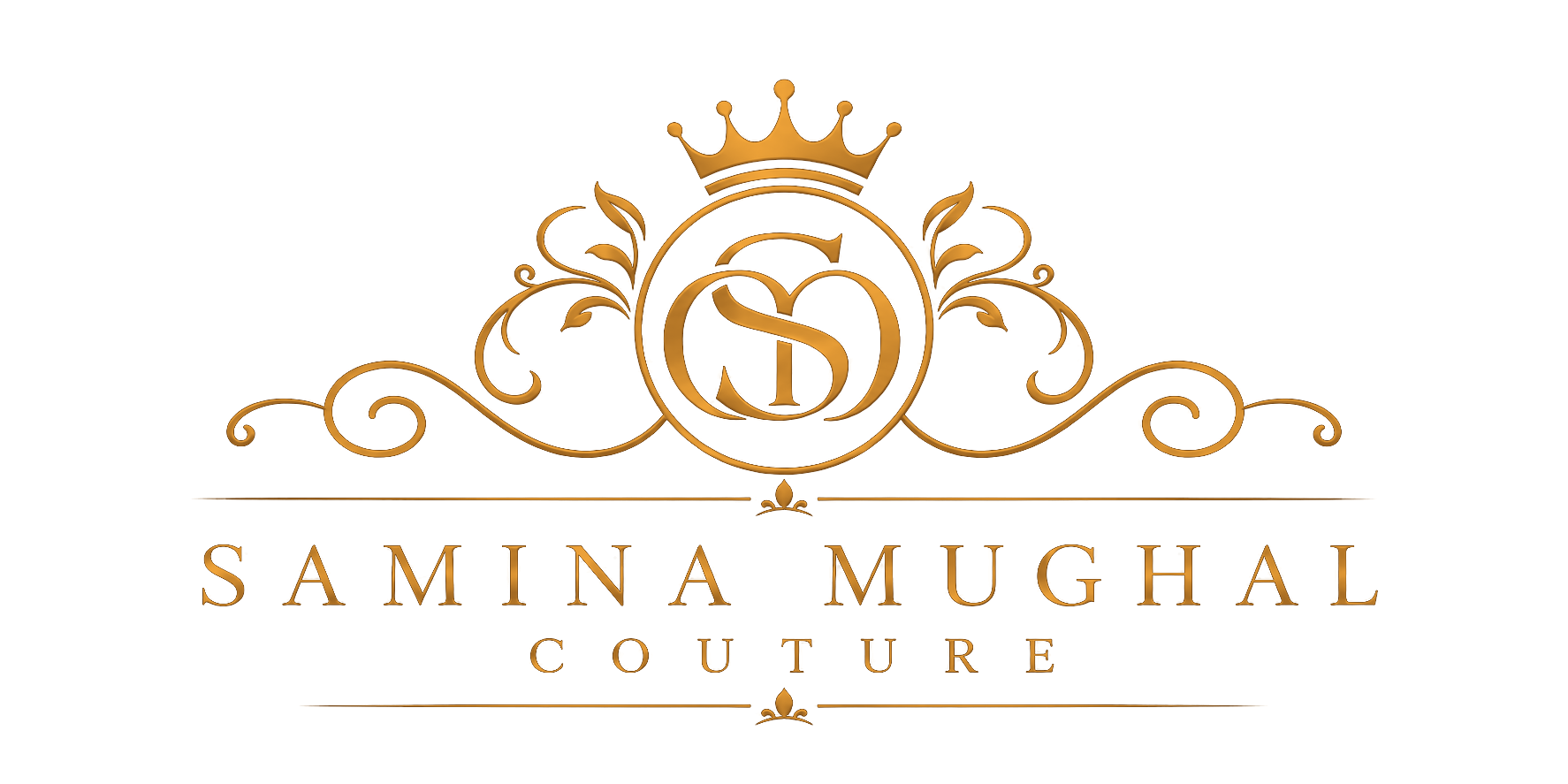 SAMINA MUGHAL Couture crown monogram logo in dark metallic gold