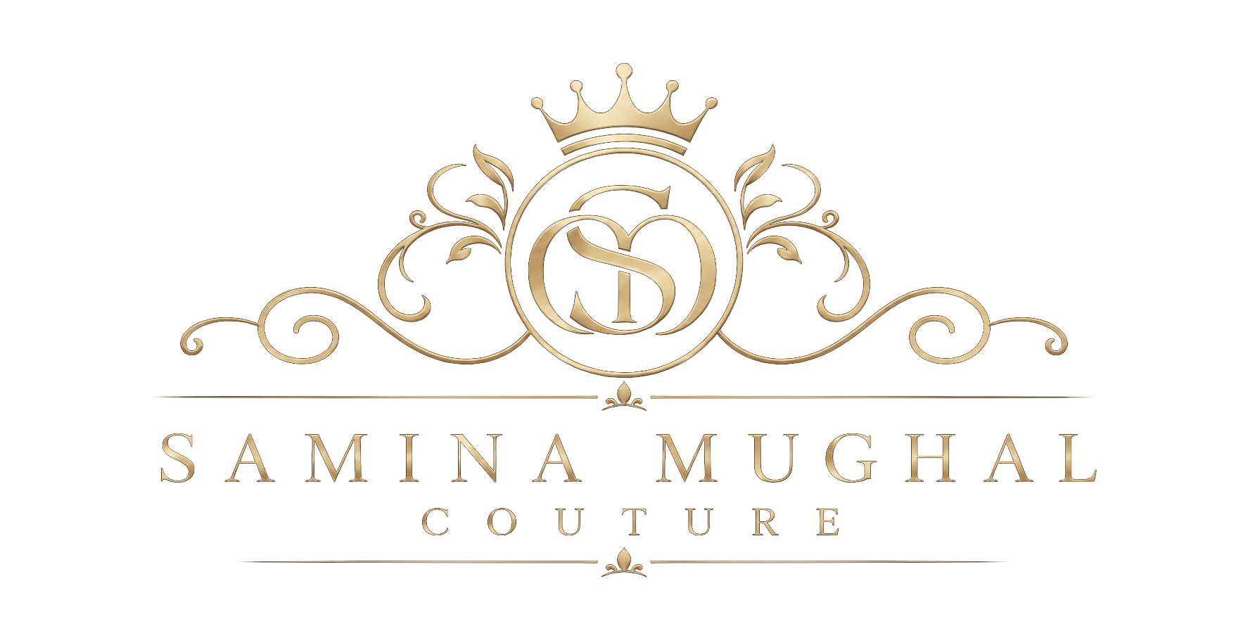 SAMINA MUGHAL Couture gold crown and monogram logo